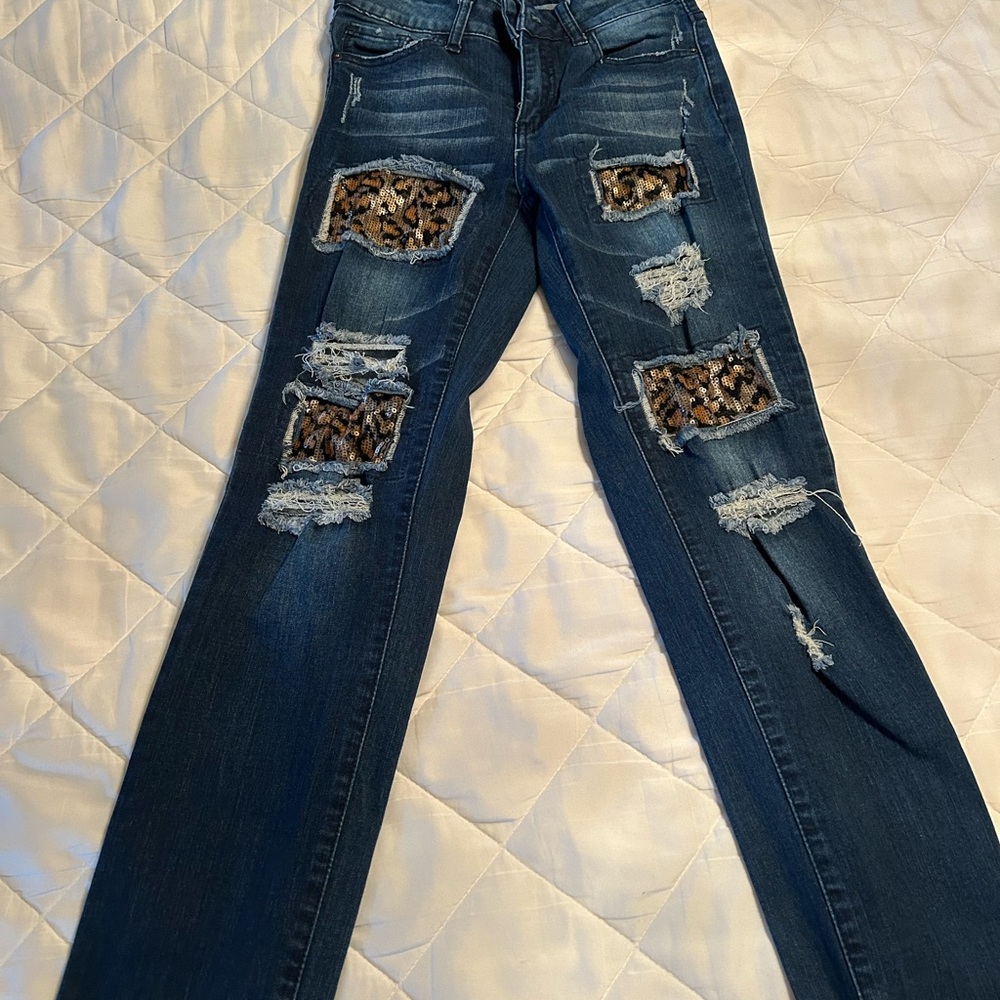 L&B Blue Boot Cut Jeans with Leopard Accents